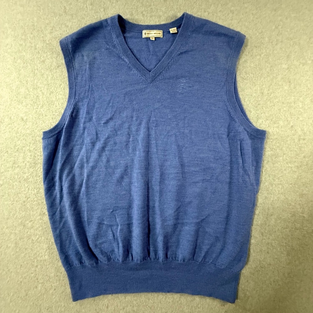 Peter Millar Mens Large Blue Extrafine Italian Merino Wool V-Neck Sweater Vest